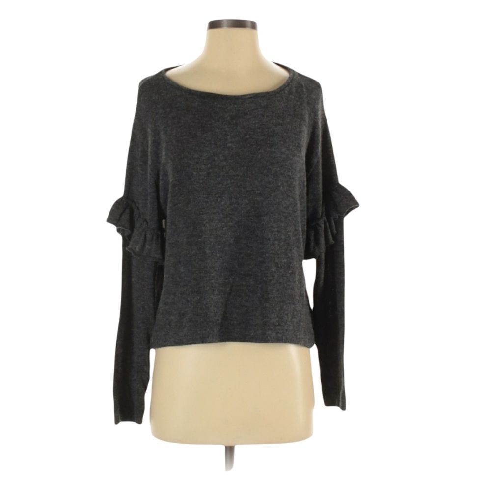Zara Collection Sweater Size S Gray Ruffle Sleeve Boat Neck Preppy Cottagecore